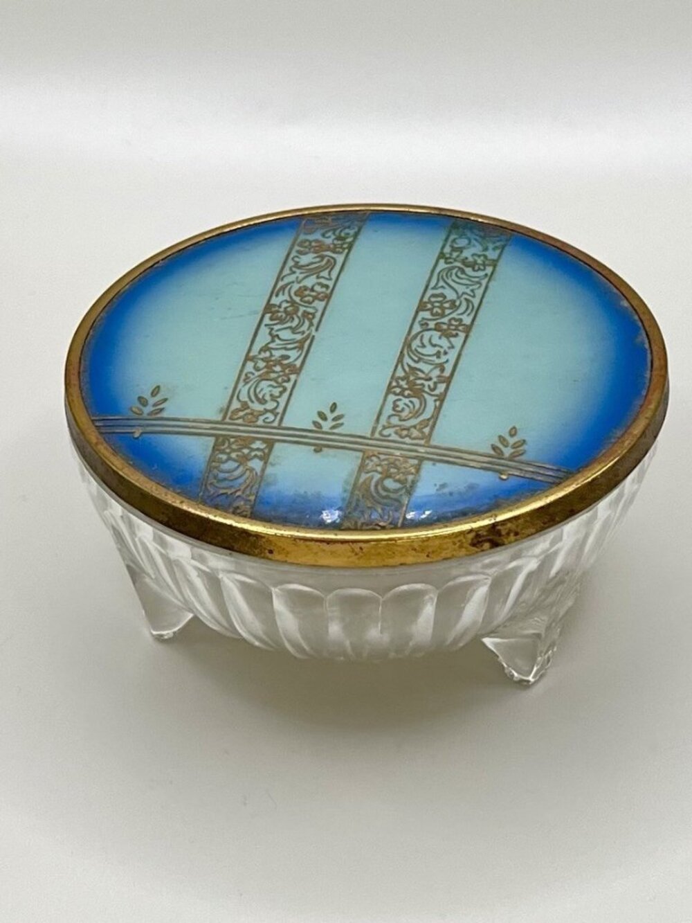VTG Art Deco Blue Guilloché Style Vanity Powder Jar Trinket Hollywood Regency